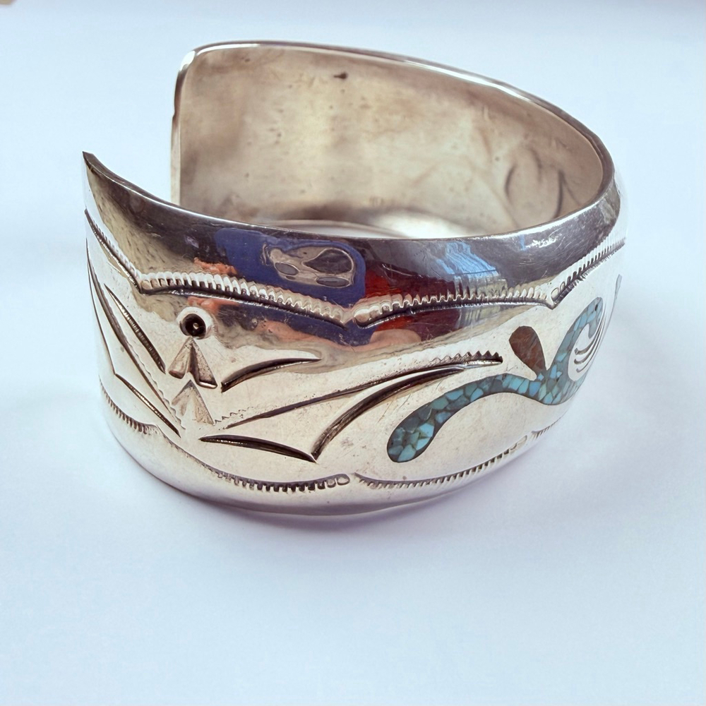 Native American Navajo Turquoise & Coral Sterling Silver BIG VTG Cuff Bracelet - Picture 2 of 11